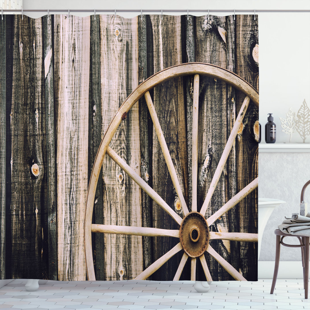 Barn Wood Wagon Wheel Shower Curtain Set + Hooks East Urban Home