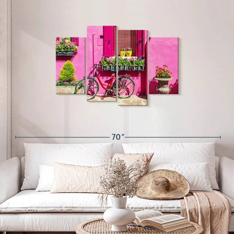 Lilie, maison rose, bicyclette, H 27 po x l 43 po