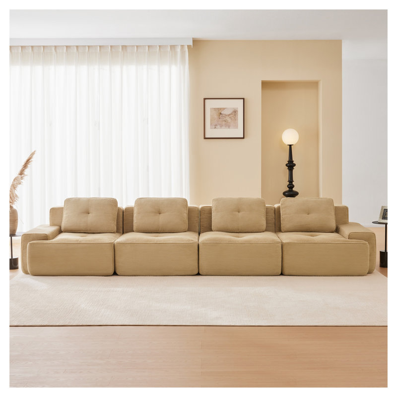 Canapé modulaire moderne en velours côtelé 4 places, Velours côtelé brun clair, H 32,7 po x l 152,8 po x P 40,9 po