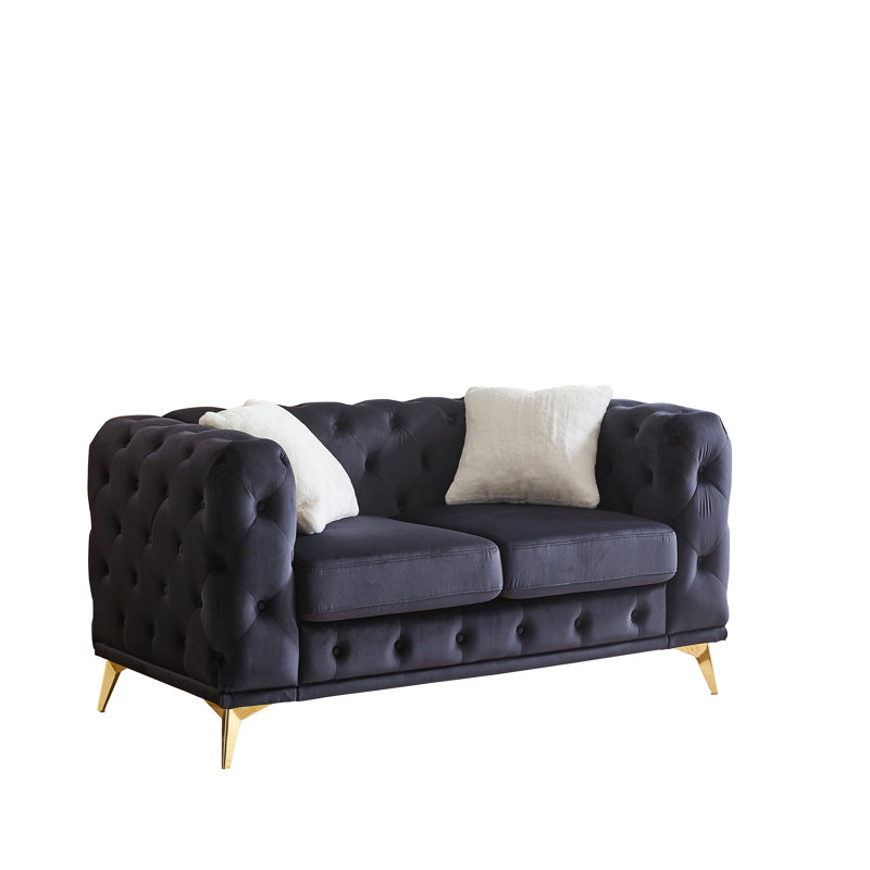 Canapé de luxe en velours avec boutons capitonnés Chesterfield avec 2 coussins et pieds en métal, 2, Noir