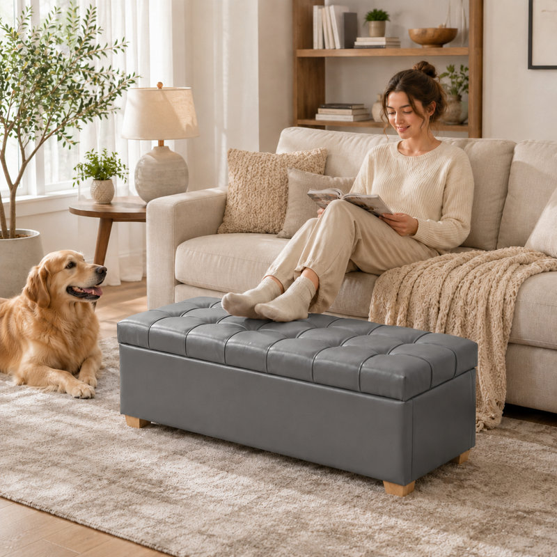 Banc de rangement en similicuir 60 po, Gris