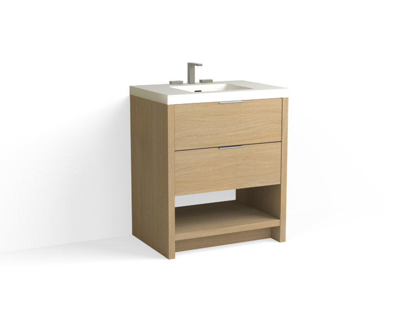 Vue 30" W Freestanding Single Bathroom Vanity, Biondo, Glossy White/8" Widespread, Satin Nickel