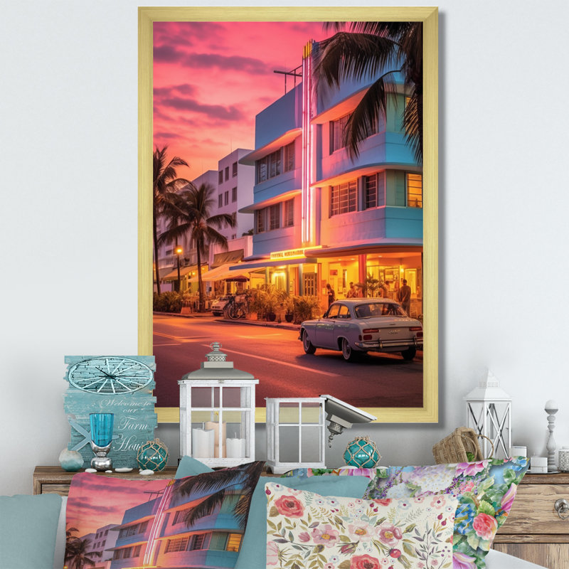 Miami Ocean Drive Neon, reproduction d'art sur toile, H 20 po x l 12 po x P 1 po, Encadrement doré