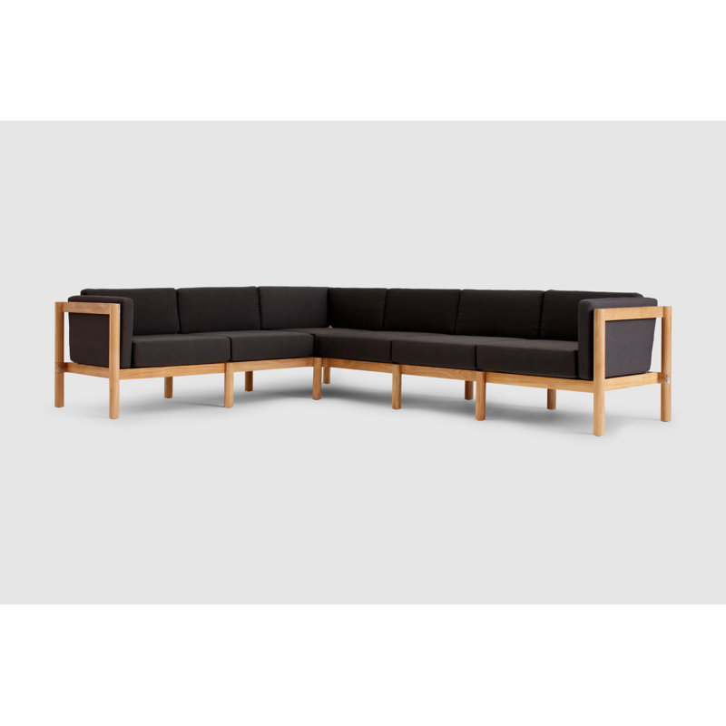 Haven Teak Outdoor Sectional With Sunbrella Cushions In Graystone, Sunbrella Coal, 6