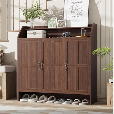 Shoe Cabinet with 3 Doors, 45" Tall Farmhouse Shoe Storage Cabinet with Adjustable Shelves & 2 Layer Open Storage Rack, 5-Tier Shoes Rack Organizer for Entryway, Living Room