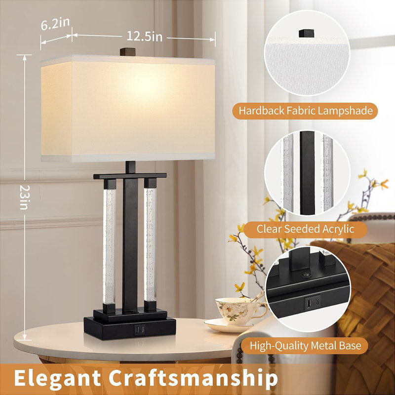 Black Adjustable 23" Modern Table Lamps Set with USB Charging