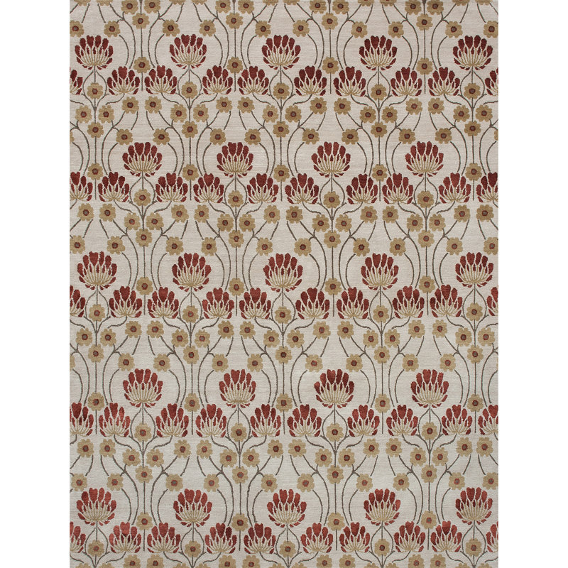 Tapis floral en soie / laine noué à la main ivoire / rouge / vert, Rectangle 4 pi x 6 pi