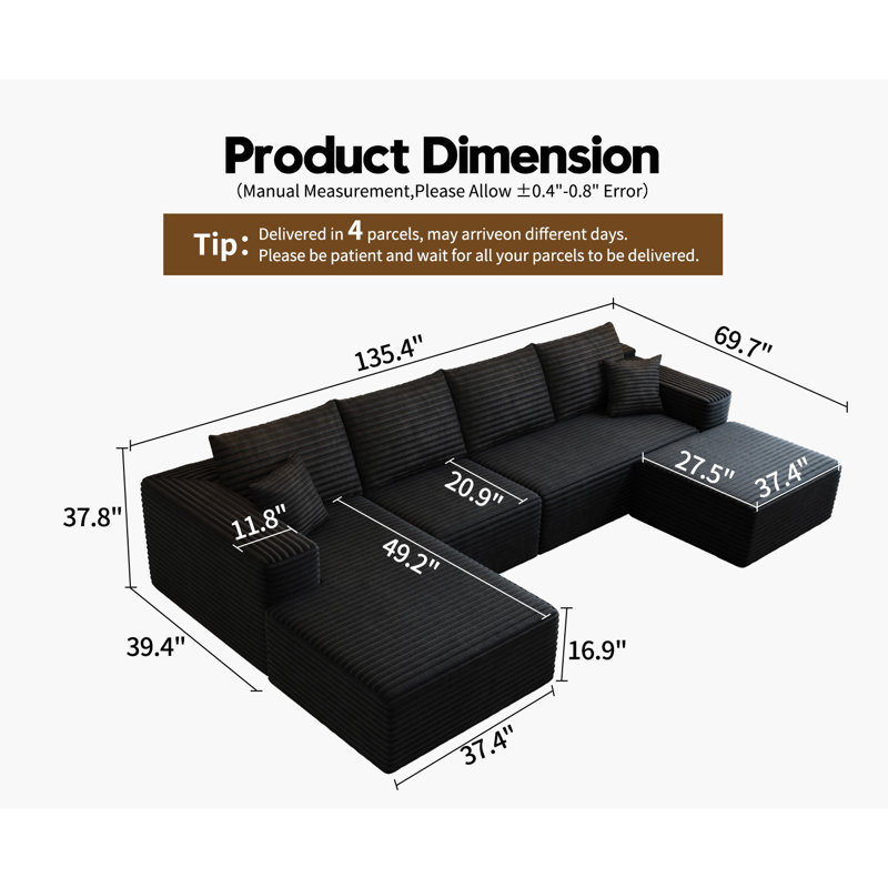 Canapé modulaire Simonsen Boneless, Tissu velours côtelé noir, Face à la gauche