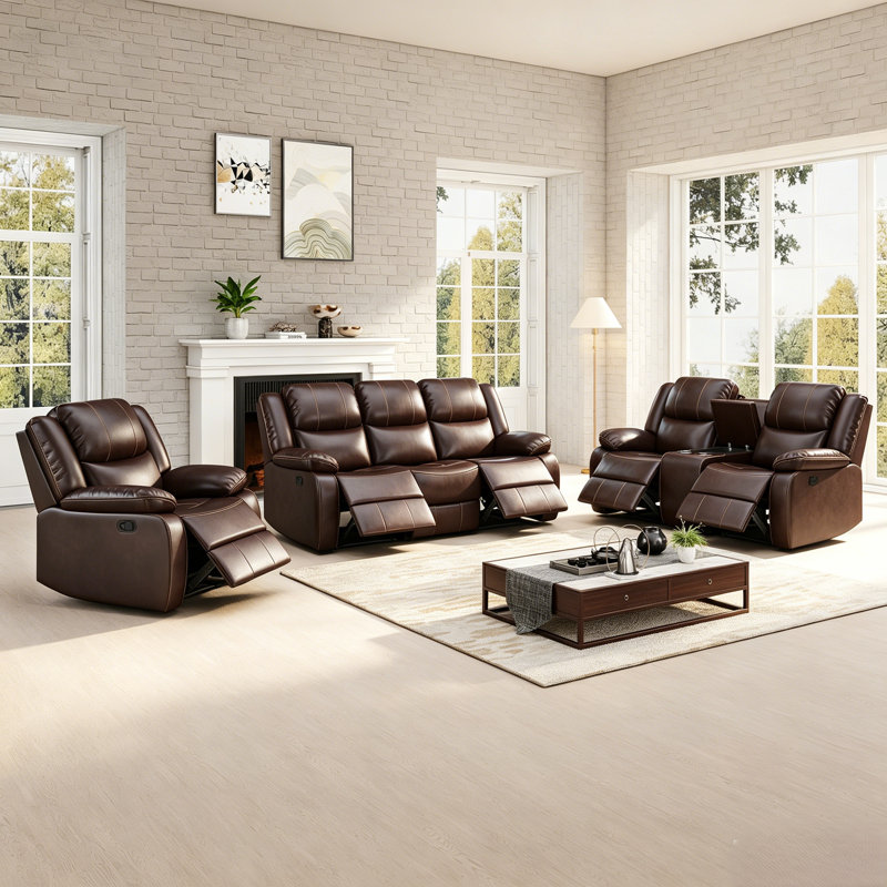 Kamarli Leather Manual Reclining Living Room Set, Brown