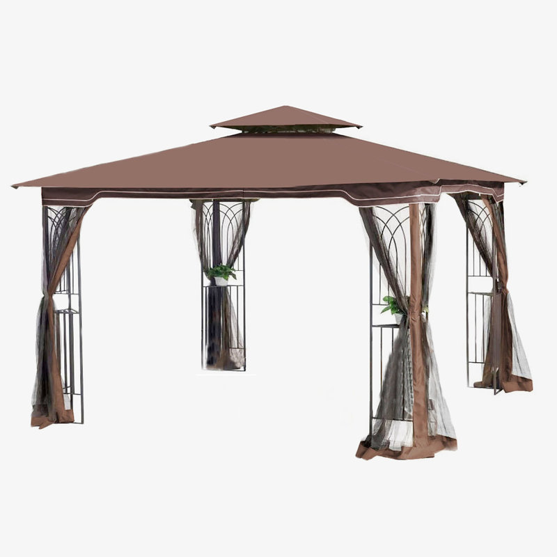 10X10 Patio Gazebo Canopy, With Water- Fabric And Insect Net, For Lawn, Deck, Brown Tent Double Ventilated Roof Mesh Screen, Garden, Backyard, Rustproof