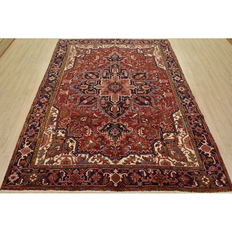 Tapis oriental rétro en laine rouge noué à la main 7 pi 6 po x 9 pi 2 po Tribal
