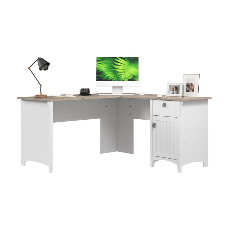 Bureau en L 60 W avec rangement en blanc pur et gris Shiplap, Gris déclin / blanc pur
