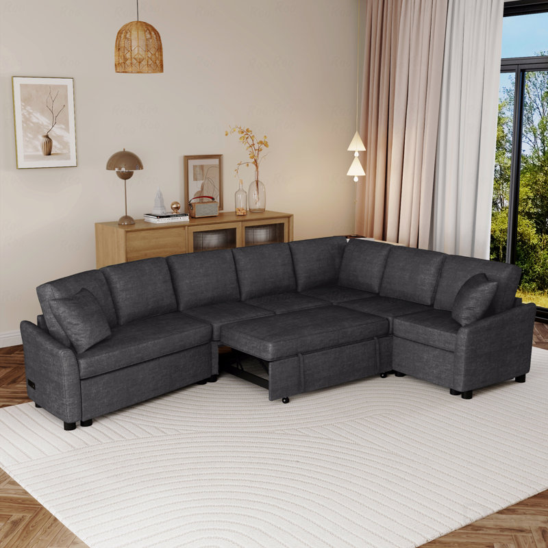 124.8" Pull-Out L-Shaped Sectional Sofa Bed with 2 USB Ports & 2 Power Sockets, Gray, Gray Chenille