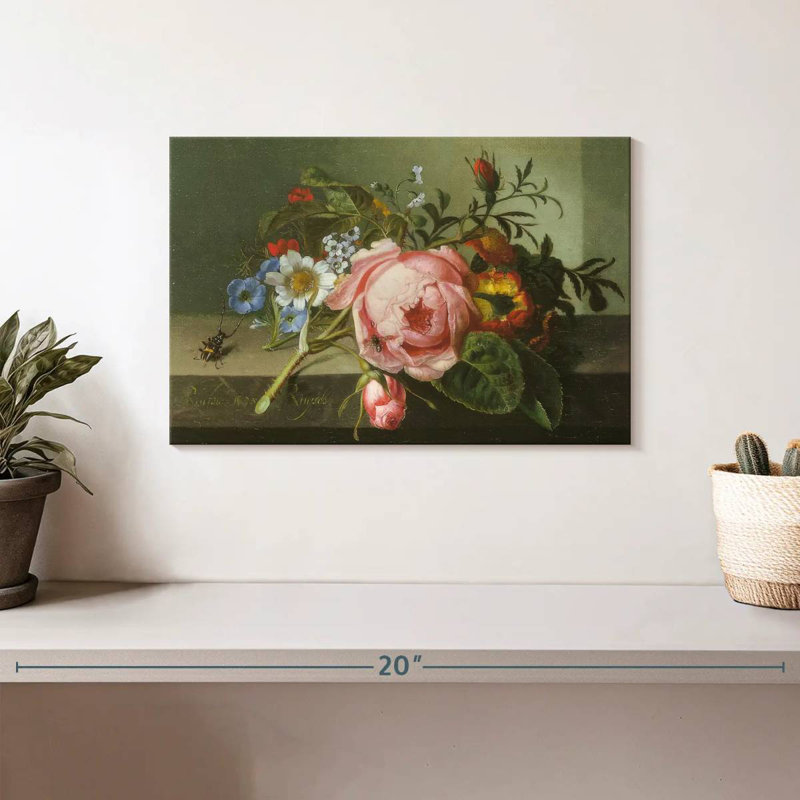 Harnek fleurs avec coléoptère sur une balustrade en pierre, H 8 po x l 12 po