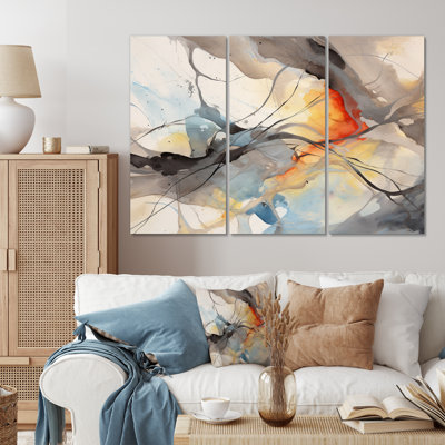Marbre sérénité coloré aquarelle grise vagues I sur toile, 3 pièces