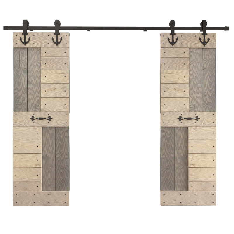 Porte de grange coulissante double S Series, 48 po x 84 po, Gris foncé / gris pâle