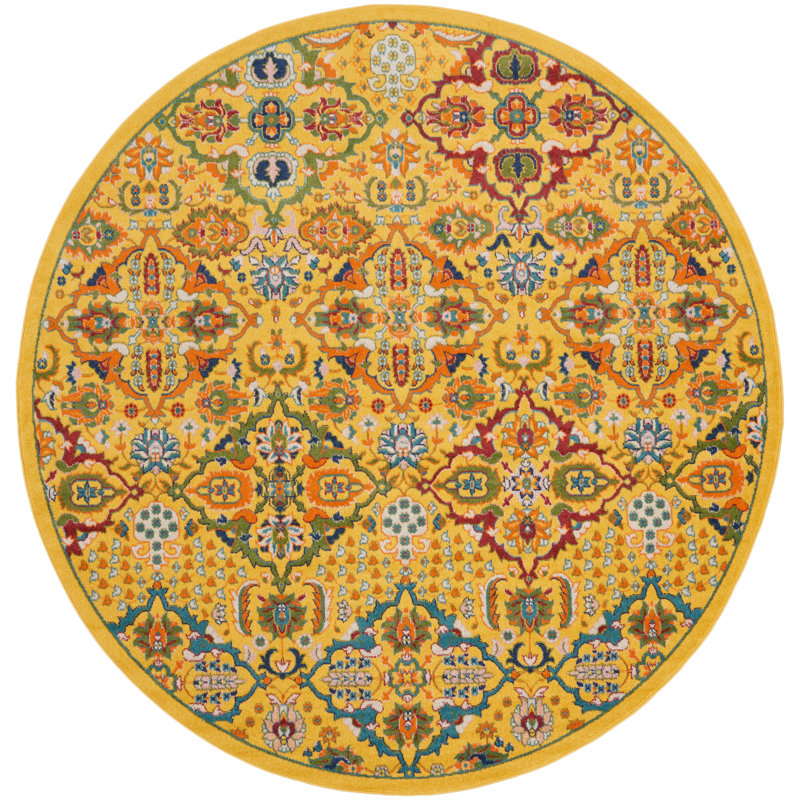 Tapis jaune à motif floral Weirton, Rond 7 pi 10 po