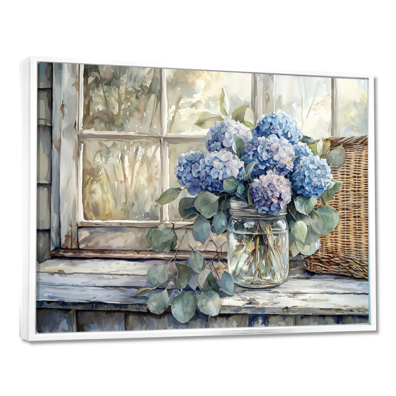 Décoration murale Dorys hortensias et eucalyptus I - Hydrangées, Impression encadrée flottante, H 24 po x l 32 po, Blanc