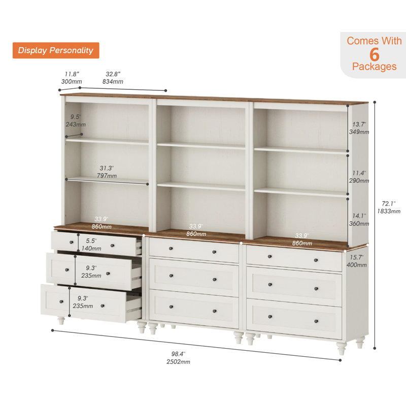 Bibliothèque Corretta 183 cm (H) x 258 cm (L) avec 3 tiroirs (lot de 2), bibliothèque haute avec 3 étagères ouvertes, grande bibliothèque en bois de style ferme pour salon, chambre, bureau ou cuisine.