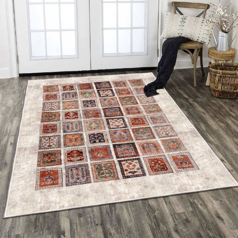 Premium 100% Cotton Area Rug, 31.5 x 47.2 Inches | 1200 Grams/Sq Metre, Pile Height: 0.4 Inches, Total Thickness: 0.3 Inches | Antibacterial, Machine Washable, Non-Slip PVC Underside, Elegant Cream & Orange Design