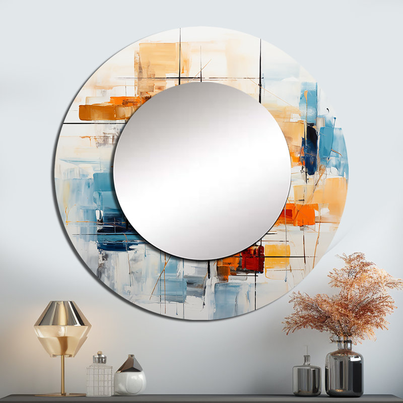 Sarp Colorful Mid Century Retro Reflections III - Midcentury Modern Decorative Wall Mirror, Mid-Century Modern Large Round Mirror, Printed Metal Art