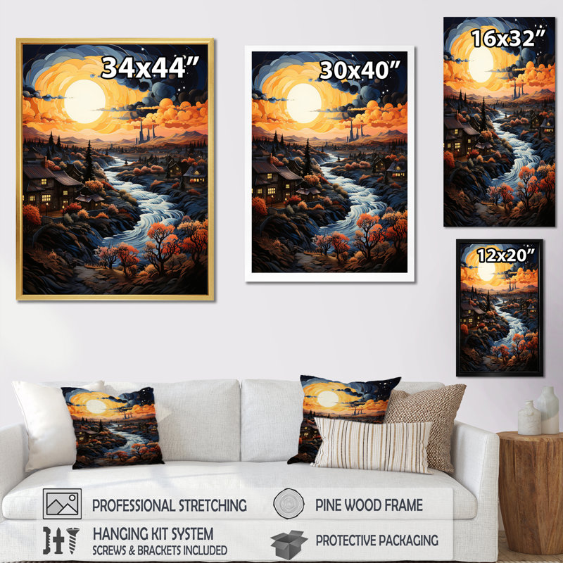 «Van Gogh», reproduction d'art sur toile, «Vangogh Village At Sunset I», H 32 po x l 24 po x P 1 po, Cadre simple blanc
