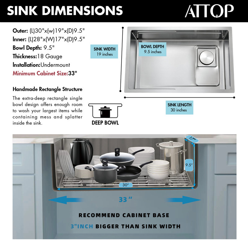 ATTOP 30 Inch Workstation Undermount Single Bowl Kitchen Sink with Sliding Accessories