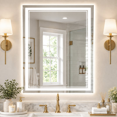 LED Rectangle Bathroom Mirror With Backlit + Frontlit, Anti-Fog Tempered Glass Vanity Mirror