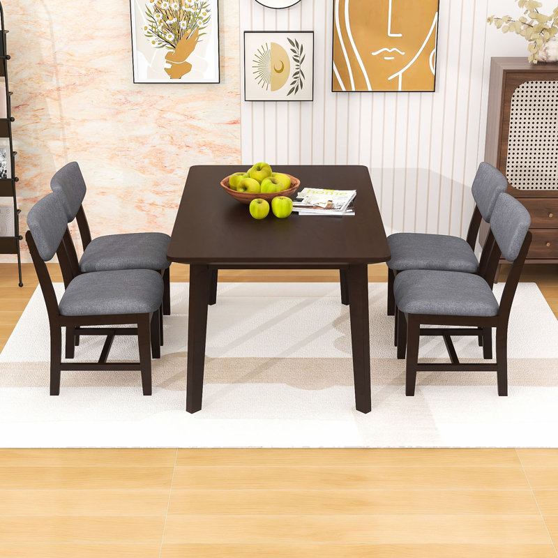 Ensemble de table de salle à manger 5 pièces, table rectangulaire avec pieds en bois massif et chaises rembourrées, Espresso