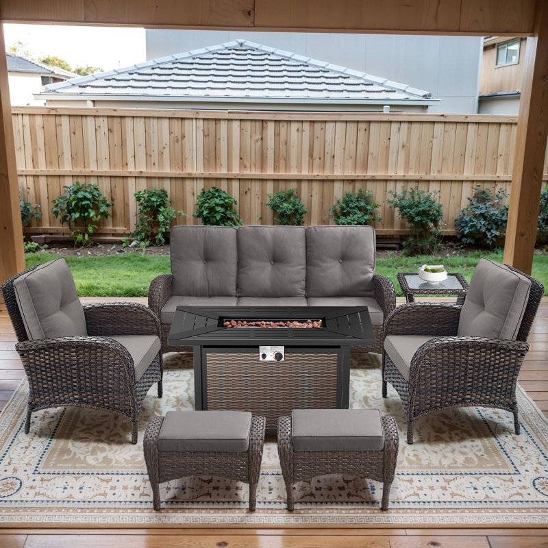 Aluel 7-Pieces Outdoor Wicker Patio Conversation Furniture Set with Rectangular Fire Pit Table, Gray
