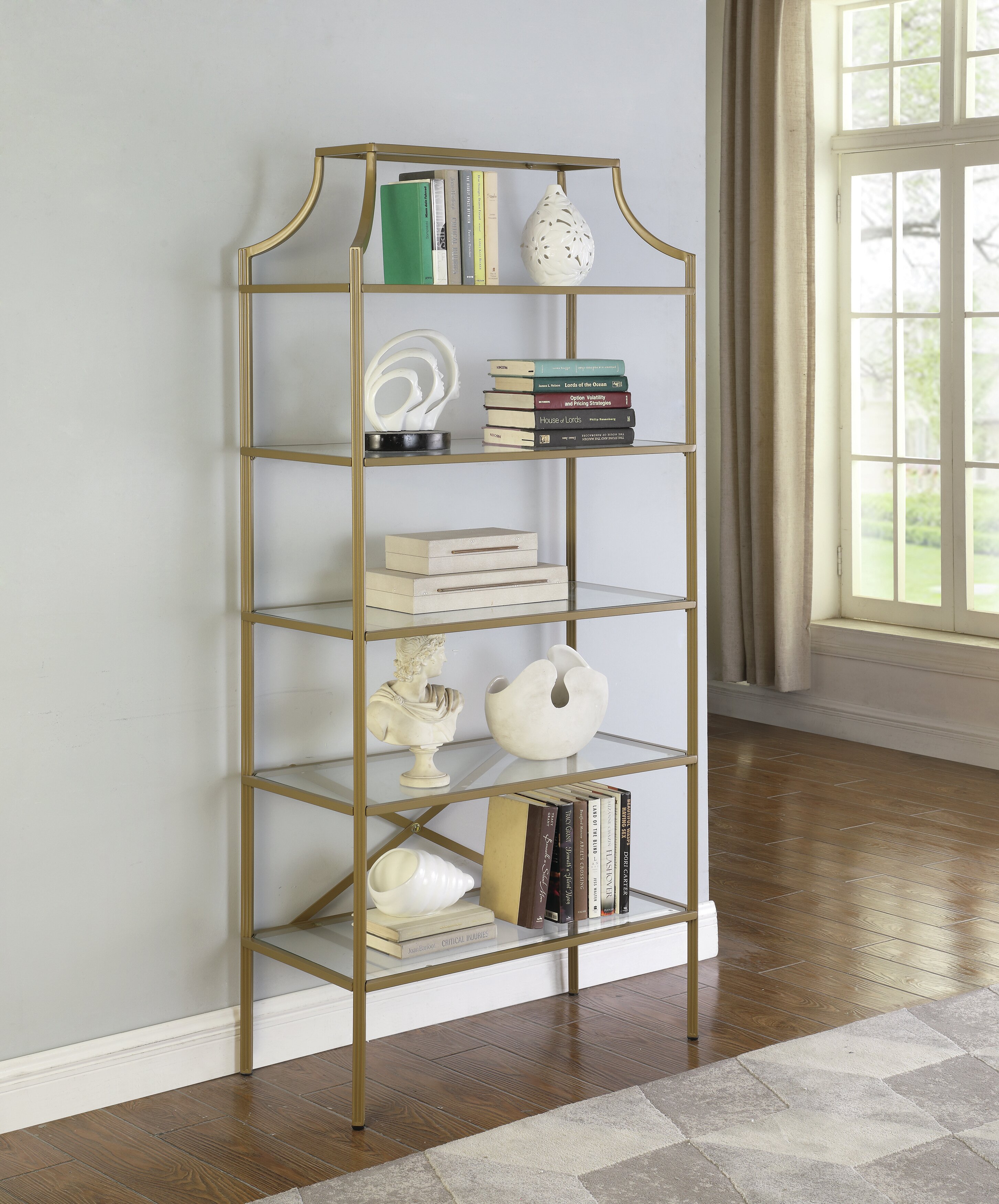 Gretlies Gold Bookshelf Arched Bookcase with Doors Hidden Storage Luxury Sideboard Mercer41