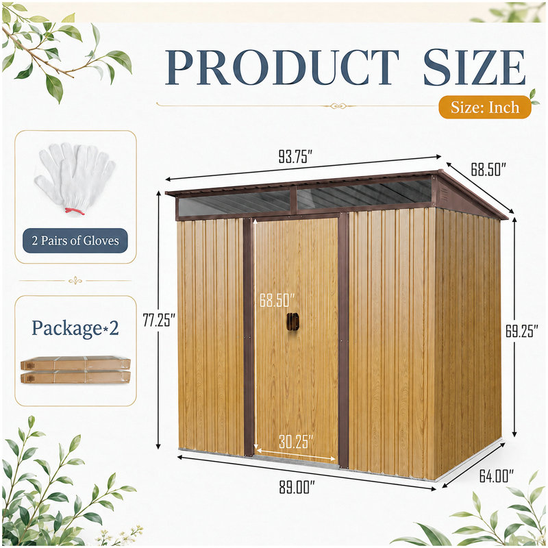 Coffret de rangement extérieur en métal de 2,4 m x 1,8 m avec portes coulissantes verrouillables et plaque transparente pour jardin, pelouse (couleur café)
