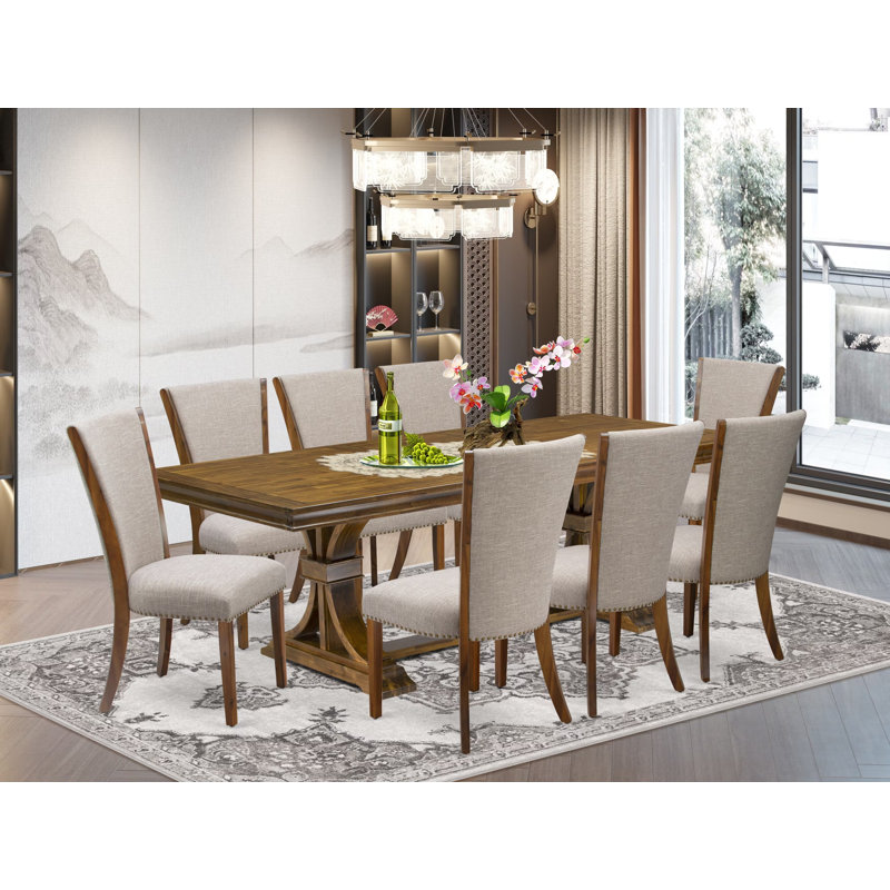L'ensemble de table de salle à manger 9 pièces comprend une table de cuisine et 8 chaises de salle à manger en tissu de lin brun clair avec dossier capitonné - Finition noyer antique