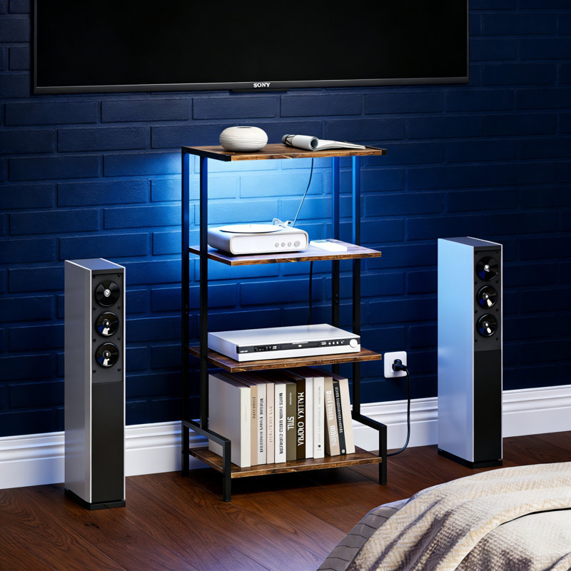 4-Tier AV Media Stand With Power Outlet & LED Lights, Wooden Console Shelf For Game Consoles & DVD Players