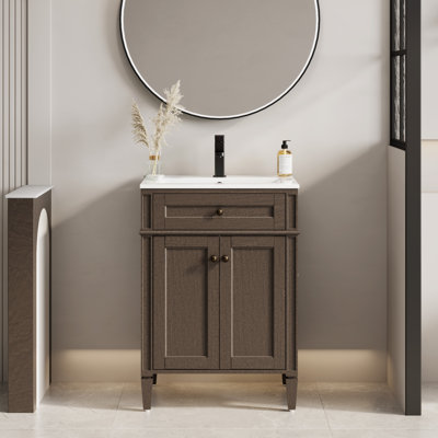 Meuble-lavabo moderne autoportant de 24 po de style Mid-Century avec lavabo en céramique, robinet et peinture écologique respectueuse de la main
