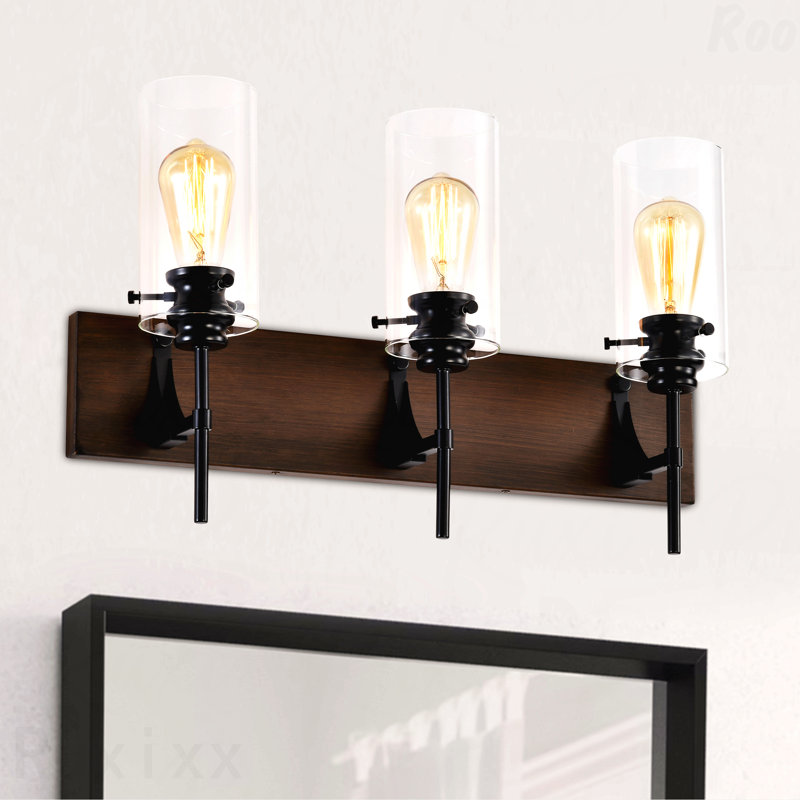Éclairage pour meuble-lavabo de salle de bain - métal noir mat à 3 lumières + bois, abat-jour en verre, design rétro moderne sur miroir