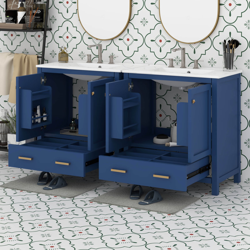 Meuble-lavabo de 60 po avec lavabo double, lavabos doubles (séparés), 2 meubles-lavabos avec lavabo, tablette de rangement et tiroirs séparés (miroir non inclus)