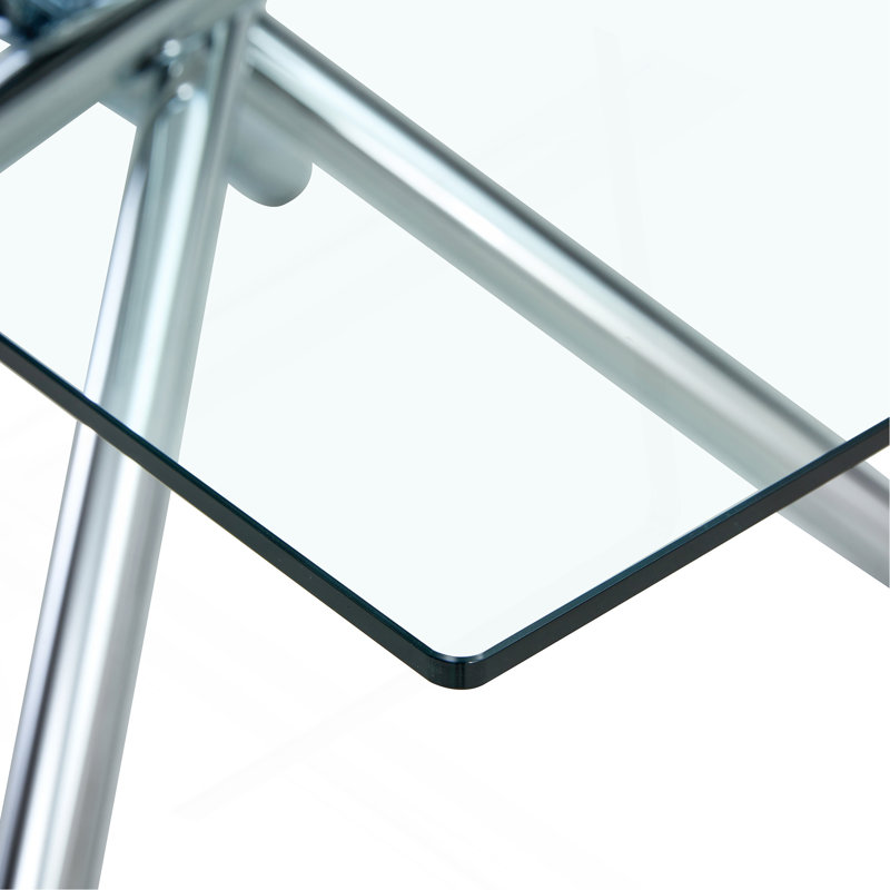 Large Modern Minimalist Rectangular Glass Dining Table with 0.39" Tempered Glass Tabletop and Silver Chrome Metal Legs, for Kitchen Dining Living Meeting Room Banquet hall,63''x35''x 29''W1151S00191