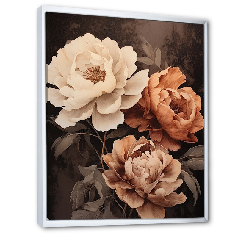 Pivoines botaniques rétro dévoilées II sur toile, Cadre flottant blanc, H 20 po x l 12 po x P 1 po