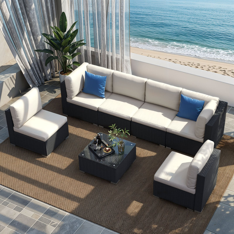  7 Pcs L-Shaped Patio Furniture Set All Weather Wicker Outdoor Sectional Sofa Conversation Set