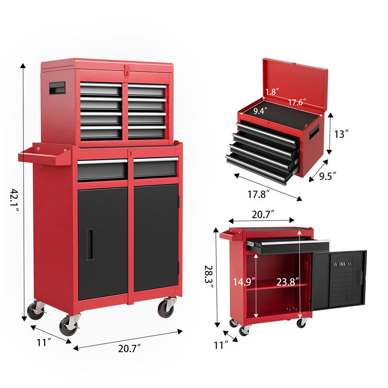 Coffre à outils rouge à 5 tiroirs avec coffre supérieur amovible, armoire de rangement verrouillable en métal avec roues universelles et tablette réglable, chariot à outils polyvalent pour le garage, la salle à outils, le bureau et l'atelier