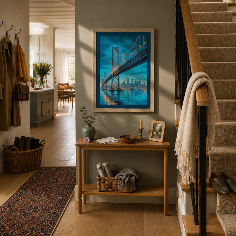 Bridge to City Lights Modern - Framed Print, A2 - 59.4 x 42.0 cm, Oak