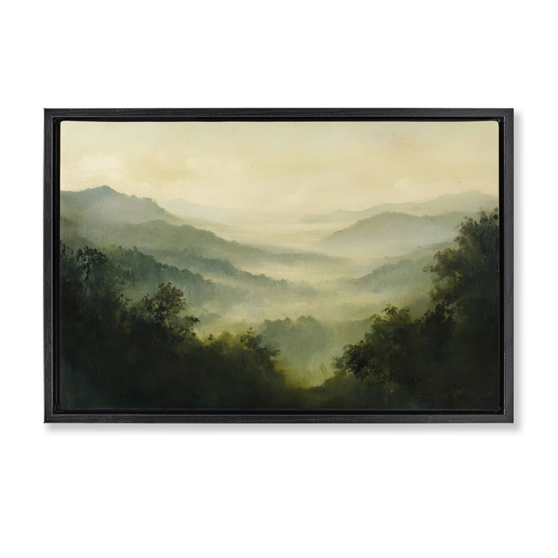 Cadre flottant «Through the Haze Landscape» par Petal Prints Design, Cadre flottant noir de jais, H 21 po x l 31 po