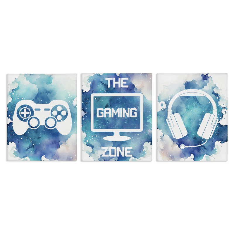 Ensemble de 3 toiles Blue Gamer Splatters, design par Marcus Prime, H 20 po x l 16 po