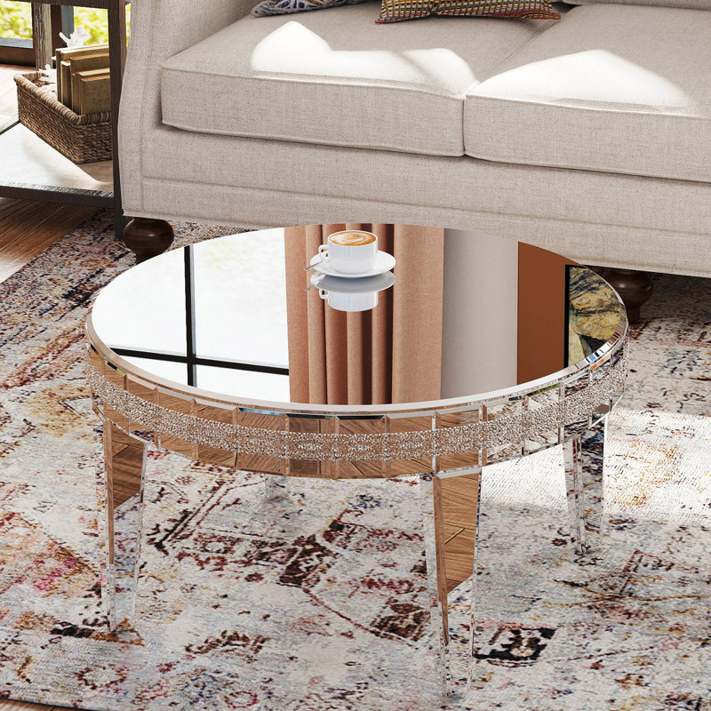 Table basse à miroir de 31,5 pouces avec pieds et incrustations en cristal Mercer41, table basse ronde argentée avec surface de miroir luxueuse