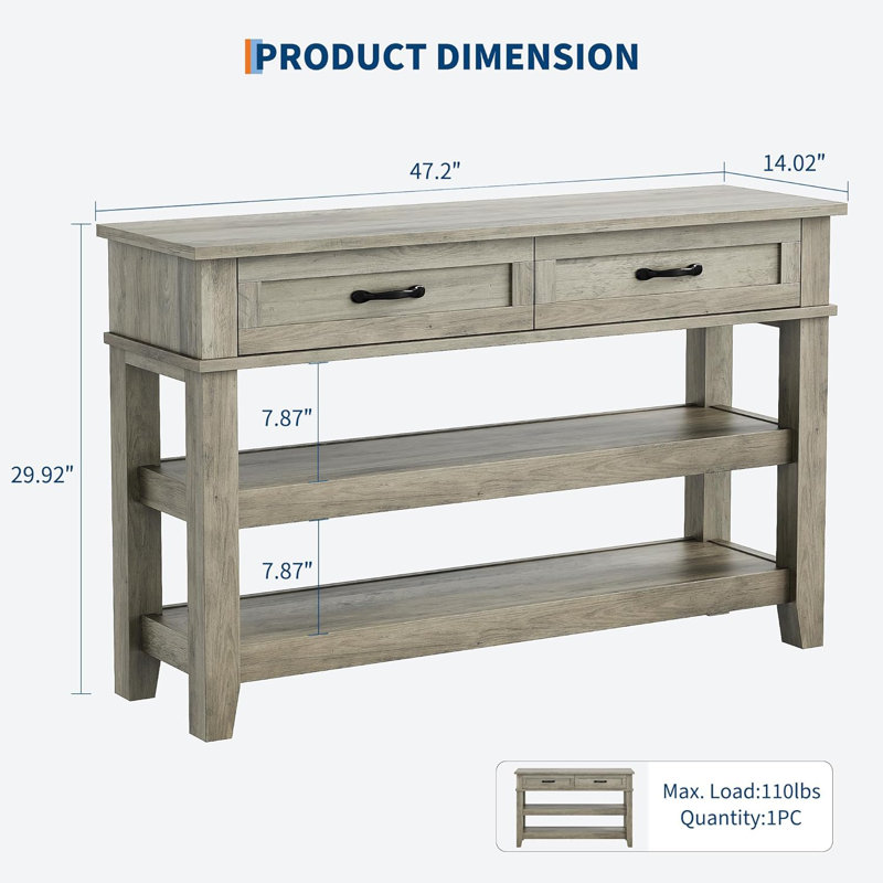 Table de couloir 47,2 po à 3 niveaux avec 2 tiroirs et 3 rangements, canapé d'entrée en bois massif