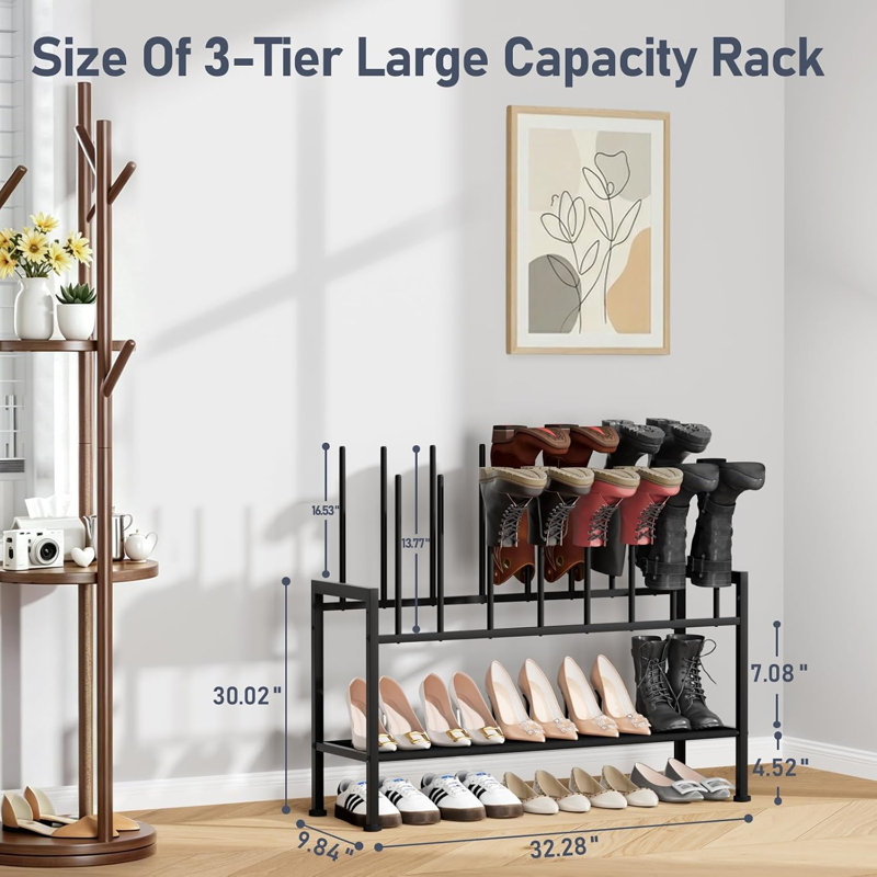 Étagère à bottes en métal à 3 niveaux pour entrée, pouvant contenir 8 paires de bottes hautes, rangement multifonctionnel pour bottes, baskets, talons hauts, placard, garage