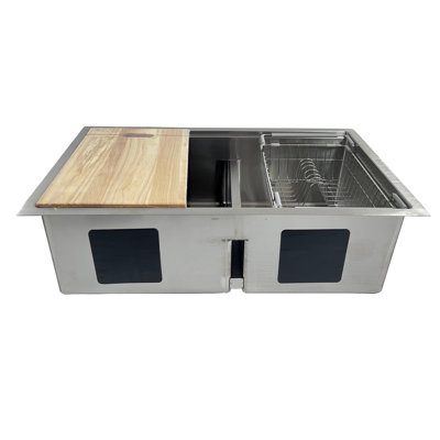 Station de travail sous-comptoir en acier inoxydable pour évier de cuisine - double cuve 60/40 de 34 pouces avec accessoires