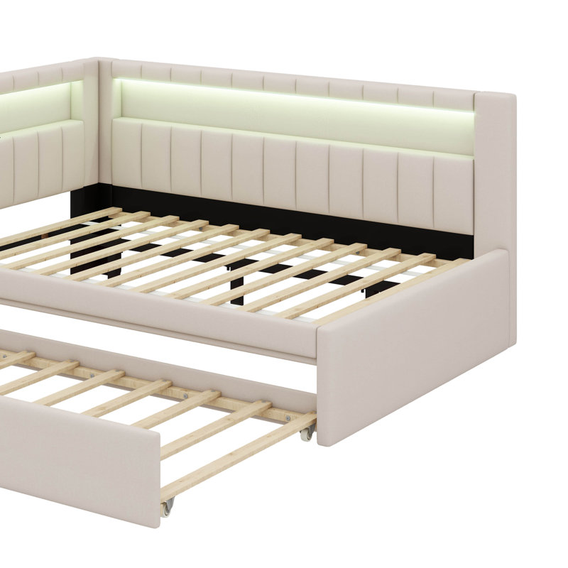 Full Size Fully Upholstered Platform Bed With USB Connectivity, LED Lighting, And Trundle Bed, White