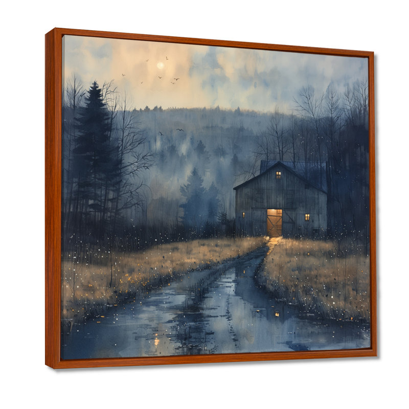 «Winter Blue Barn Fading Light I», reproduction d'art murale grange, Toile avec cadre flottant brun